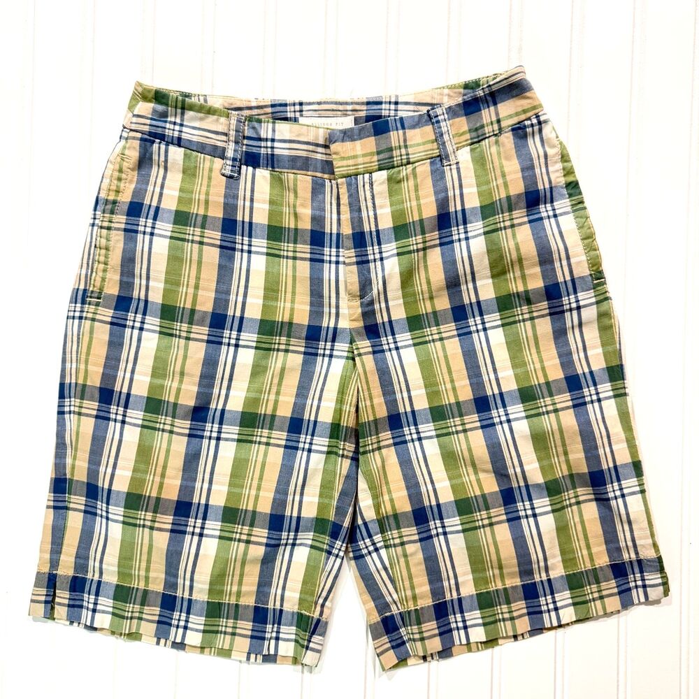 Preppy Green Blue Plaid Bermuda Mid Rise Chino Chops Fall shorts 2P
